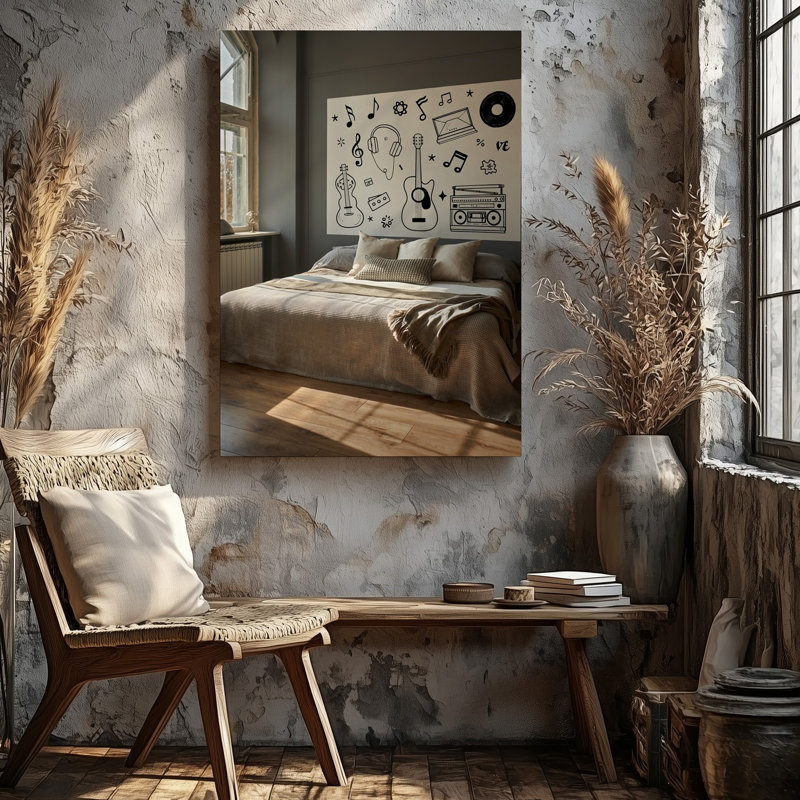 Toile, une chambre à coucher ensoleillée douillette avec une grande fenêtre avec art mural naturel diffusant une lumière illuminant un art texturé