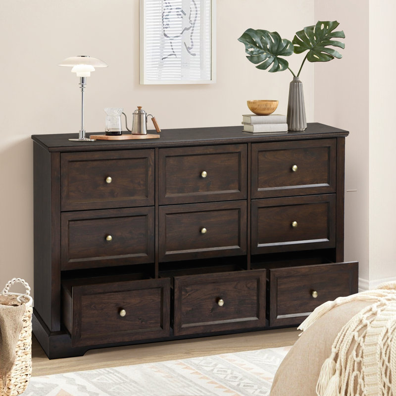 Farmhouse 9 Drawers Dresser, Storage Dressers Organizer For Bedroom, Brown