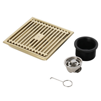 FINE FIXTURES Square Shower Floor Drain, 6 inch Slotted Grate Design, 10-Gauge 304 Stainless Steel, Center Outlet, Fast Drainage, Hair Strainer Included