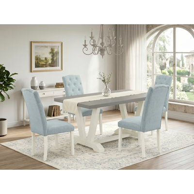 Ensemble de table de salle à manger 5 pièces - 4 chaises de salle à manger Parson avec siège en lin bleu bébé et dossier capitonné - Table de salle à manger en ciment - Lin brossé blanc.