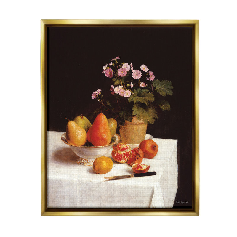 "Fruit and Bouquet Still Life" sur toile, H 31 po x l 25 po, Cadre flottant métallique doré