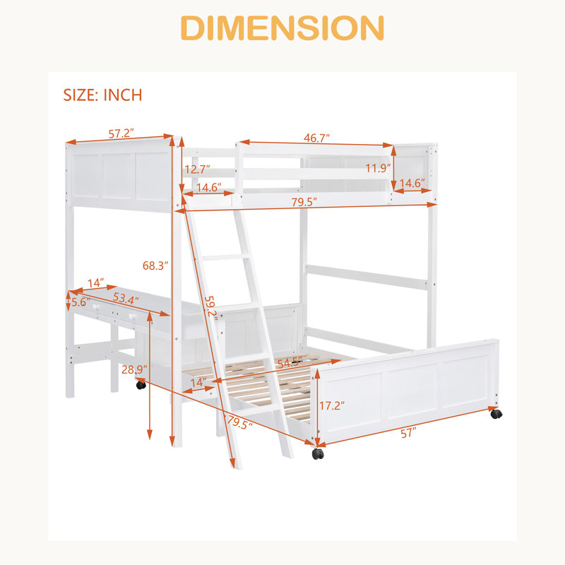 Lit superposé avec bureau, Lit superposé double sur double, Blanc