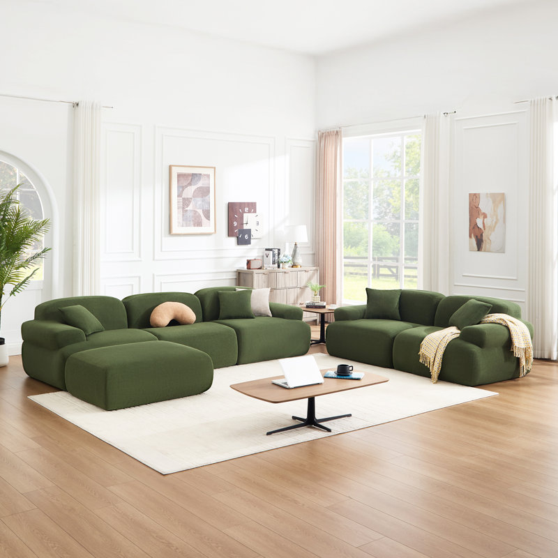 6 - Piece Upholstered Sectional Compression Modular Sofa Fabric Curved Sofa Set, Green