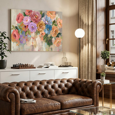 Pivoine colorée et bouquet de fleurs sauvages, peinture à l'huile sur toile, art mural