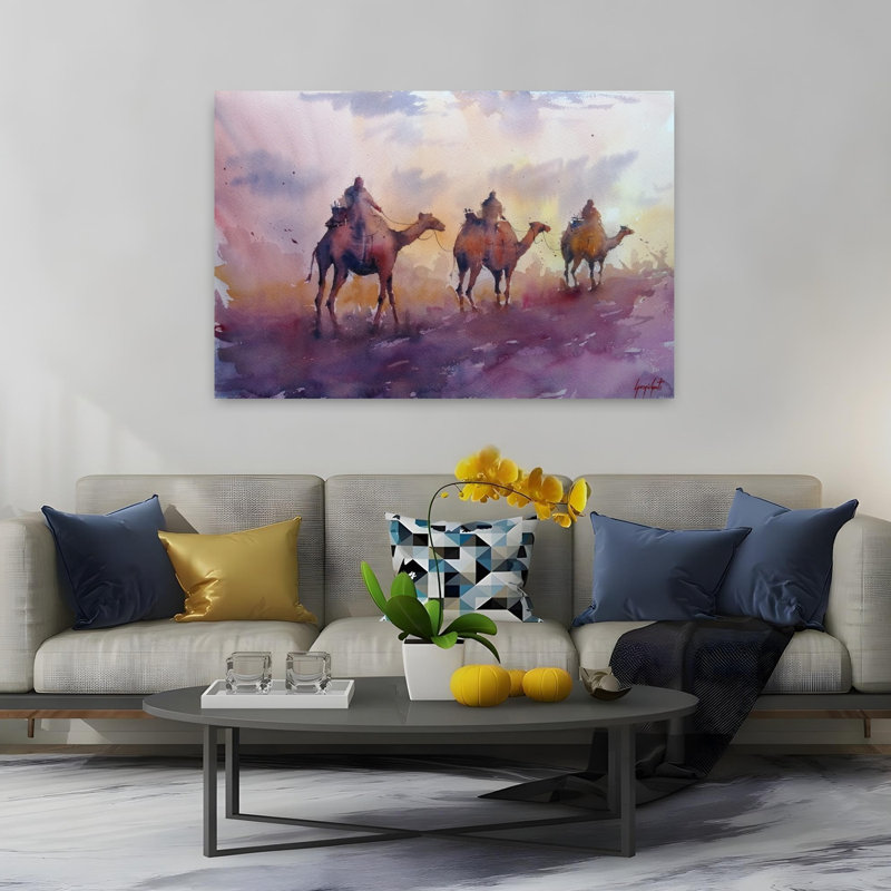 Camel caravane, coucher de soleil paisible, paysage abstrait abstrait, art mural, 40" H x 60" W
