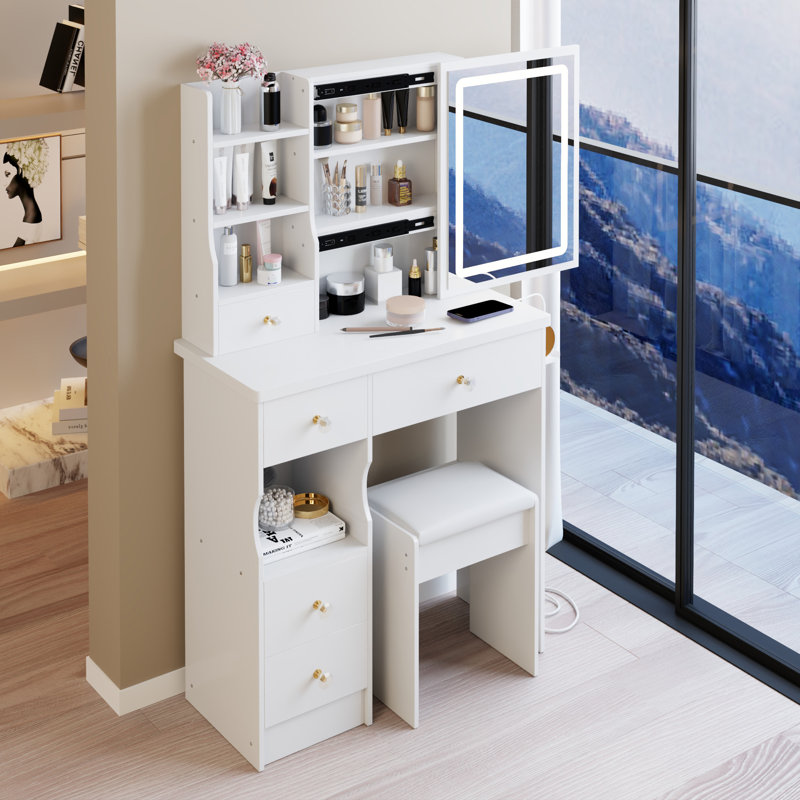Petit meuble-lavabo 29,2 po avec tabouret de bureau et tabouret, Blanc