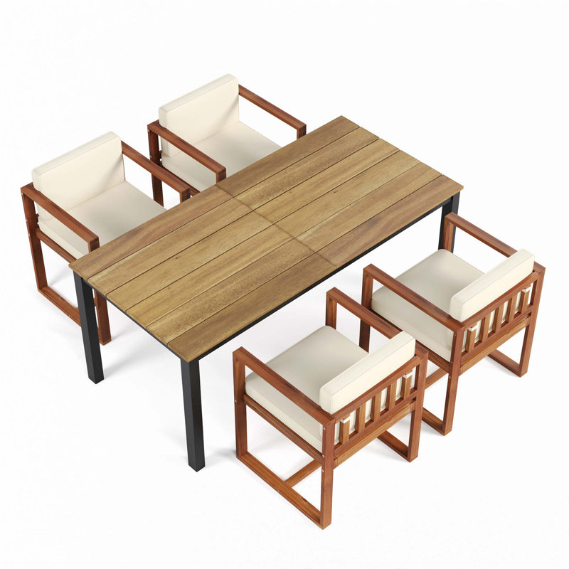Ensemble de 5 tables et chaises de patio, Beige, Teck