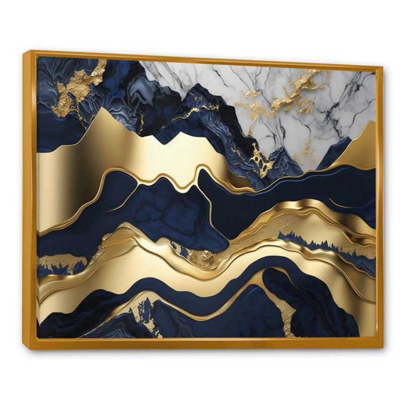 Rehoboth bleu et or captivant l'abstraction de marbre I, Cadre flottant noir, Doré, H 24 po x l 32 po