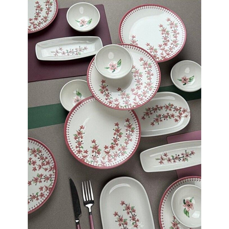 Ensemble de petit-déjeuner élégant 14 pièces, 100% porcelaine | Comprend 6 assiettes de service (7,9 pouces), 4 bols Joker (3,9 pouces), 2 plaques d'huile (7,5 x 4,7 pouces), 2 plateaux (7,9 x 2,8 pouces) | Va au lave-vaisselle et au micro-ondes, parfait pour un repas élégant