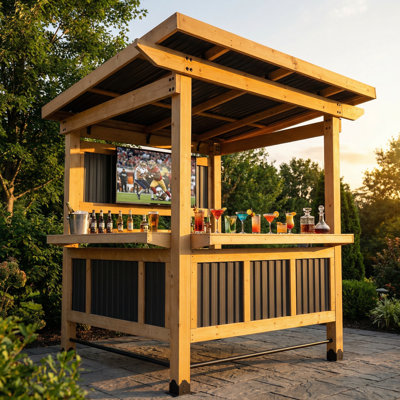 Outdoor Ceder Wood Bar Gazebo With TV Mount & Dual Counters – Your All-Weather Backyard Entertainment Hub