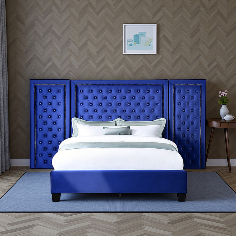 Lit plateforme tapissier Mayola, Bleu, Grand