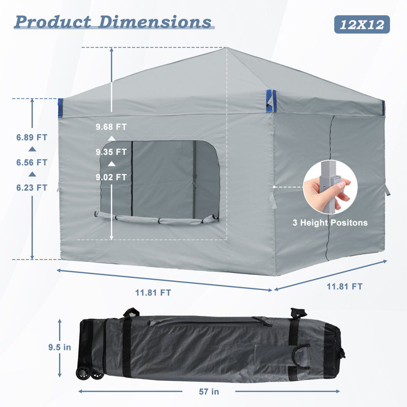Iron Pop-up Canopy with Removable Window Sidewalls and Roller Bag, 12 Ft. W x 12 Ft. D, Grey