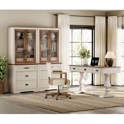 Ensemble de bureau à domicile, bureau de direction 59,1 "avec concentrateur électrique et étagère en verre avec porte à 2 tiroirs 73,3", chêne clair