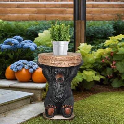 20.8" Outdoor/Indoor Concrete Black Bear Side Table - Bear Statue Plant Standholding A Tree Stump Tray For Garden, Patio, Backyard, Lawn, House, Office Decor