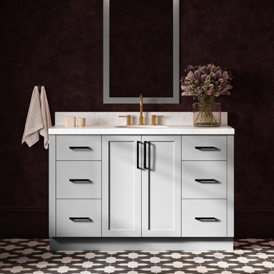 Meuble-lavabo ovale simple de 137 cm (54 po) avec comptoir en quartz blanc de Carrare de 3,8 cm (1,5 po) d'épaisseur, finition grise.
