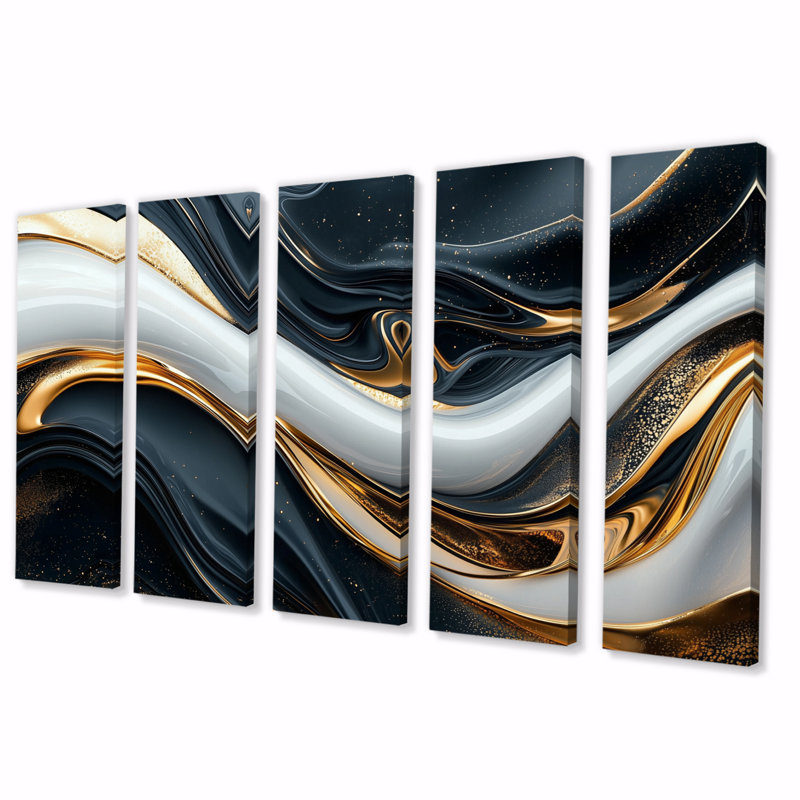 Captivating Gold and Black Marble II - Abstract Modern Waves, impression d'art mural, H 32 po x l 80 po