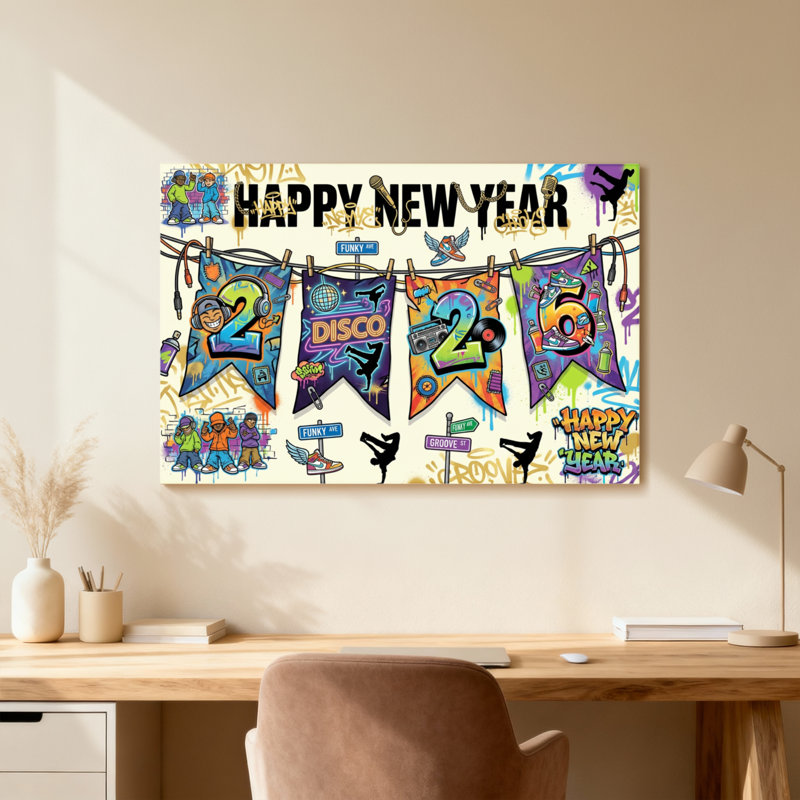 Bonne année 2025, fête de disco, H 20 po x l 30 po, Toile tendue, Ne s’applique pas