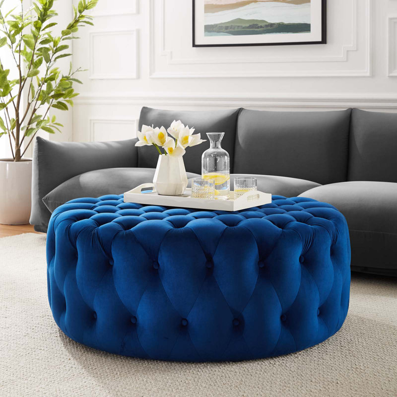 Luxurious Navy Velvet Tufted Large Round Ottoman