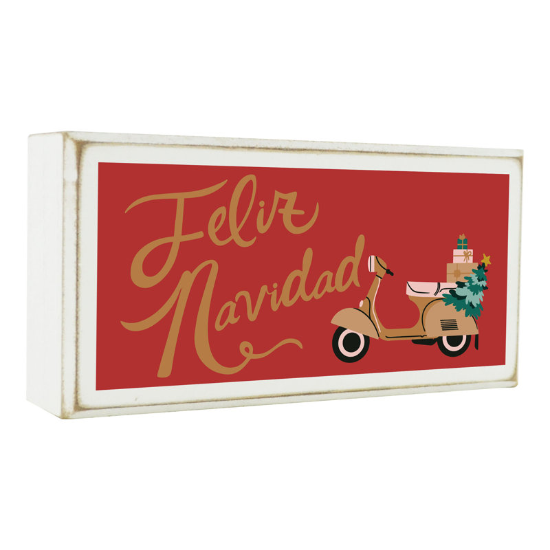 Feliz Navidad Festive Scooter Christmas - Print On Wooden Block Sign