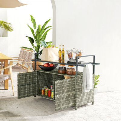 Table de bar en osier avec tablette à 2 niveaux et armoire