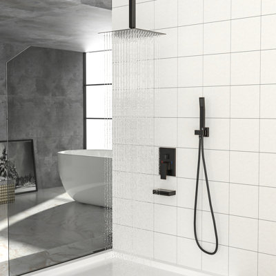 Oil Rubber Bronze Shower Package With Waterfall Feature And Handheld - 12" Ceiling Mount Square Rain Head, -Balanced Valve, Easy Install System Tub Spout Rainfall Head 12 Inch Mount, Handheld,