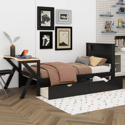 Lit plateforme simple avec tête de lit et bureau à DEL, base de lit en bois avec tiroirs de rangement et port USB pour adultes