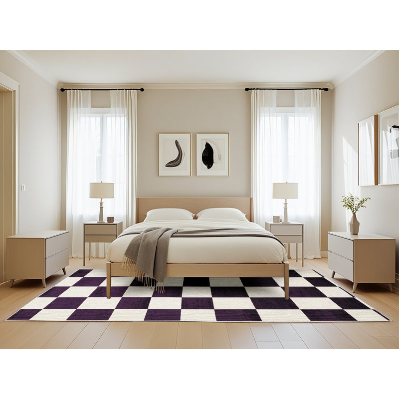 Machine Washable Checkered Beige Area Rug, Rectangle 5' x 8'