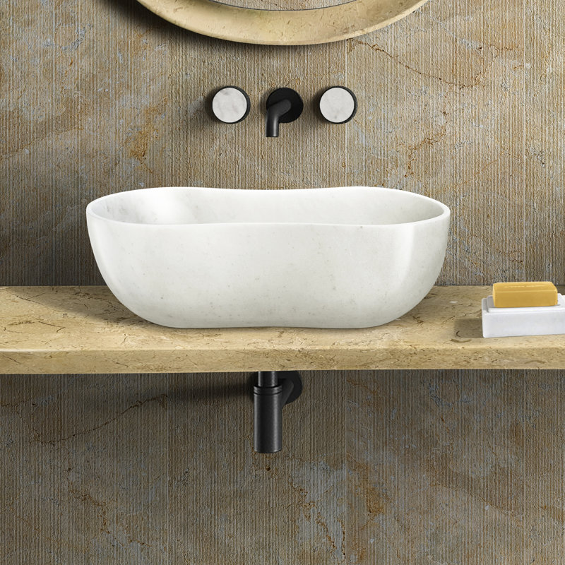 Natural Stone Bathroom Sink, 600X360xh180 Mm, Wavy Design, Ample Basin Space White Marble Vessel 14.2 Inches Wide, Semi - Polished, Artistic Decor