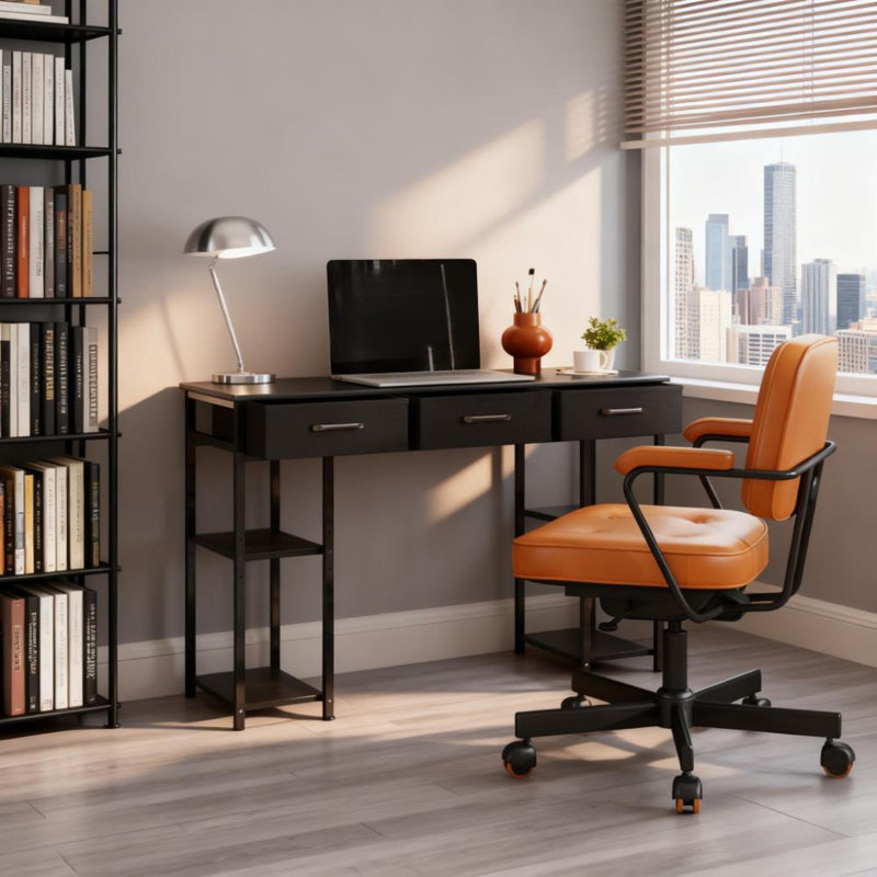 Bureaux noirs compacts, tiroirs en tissu, mobilier de bureau moderne