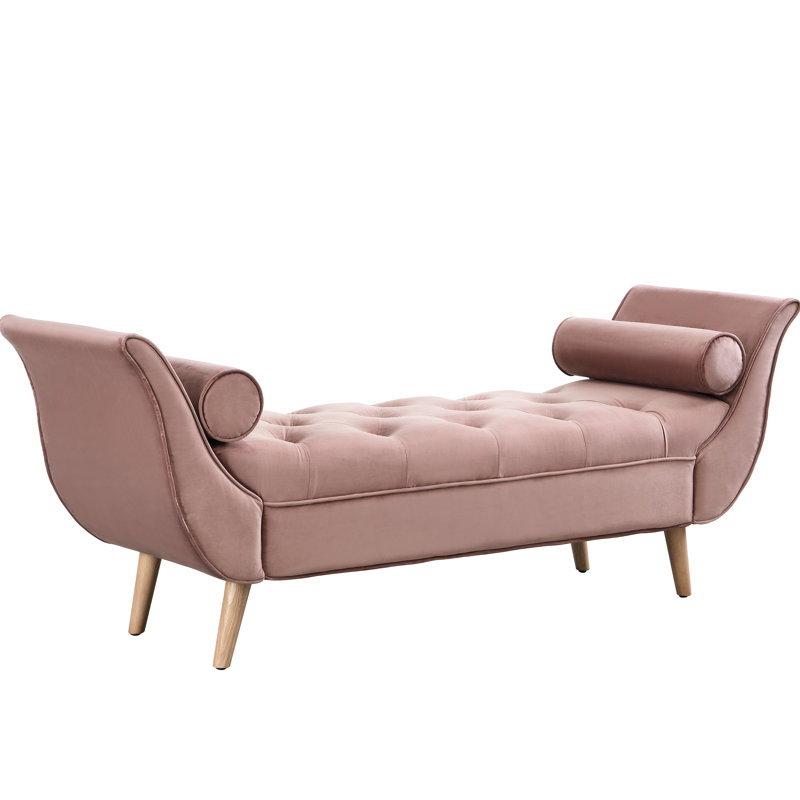 Tabouret rembourré en velours avec boutons - Banc rose 2 coussins, accoudoirs roulés, pieds en bois massif, pour la chambre à coucher et la salle à manger en bout de lit, assemblage rapide et confortable