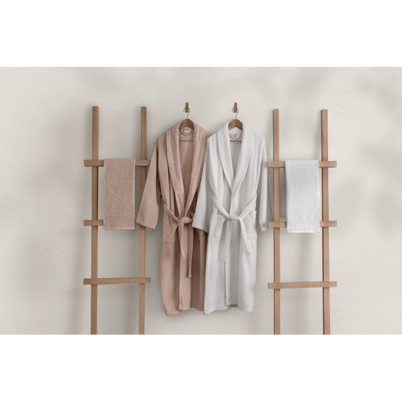 Cotton Mid-Calf Bathrobe, Powder/White