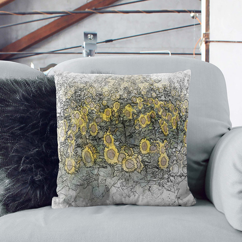 Field of Yellow Sunflowers in Abstract Cushion with Filling, 55cm H x 55cm W x 20cm D, Stone