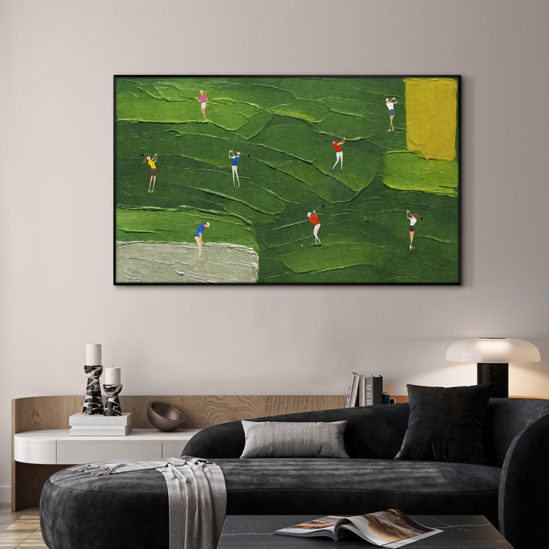 Très grand art mural imprimé sur toile - chiffres de balançoire de golf sur une allée abstraite verte, décoration d'art pour le salon ou la chambre à coucher - «Assemblage requis du cadre (cadre non fini)»