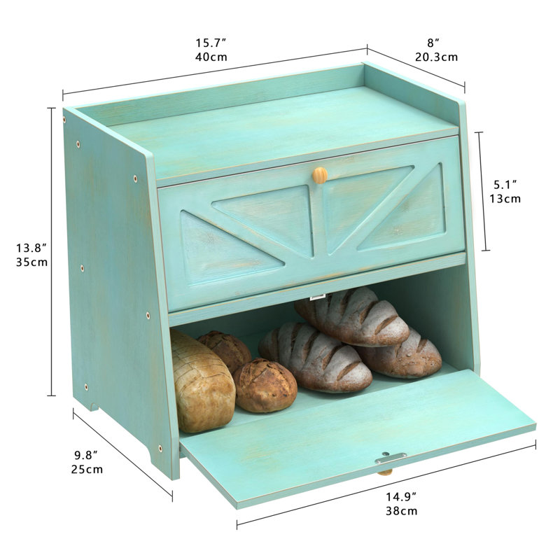 Vintage Double Layer Bread Box For Kitchen Counter, Bamboo Bread Storage Container(Antique Blue), Antique Blue