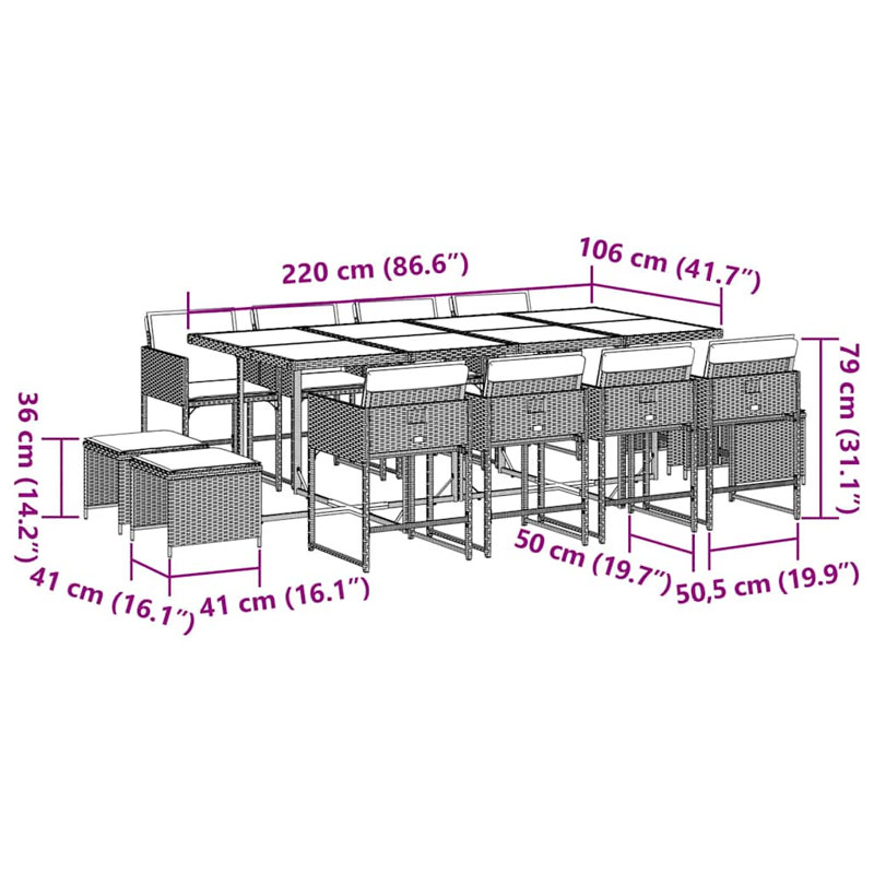 Patio Dining Set Table,, 73cm H x 220cm W x 106cm D, 12