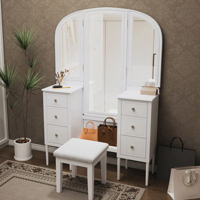 Antique Makeup Vanity Desk With Triple Mirror, 6-Drawer Dressing Table Set Including Stool, Full Length Mirror For Bedroom Dressing Room, White
