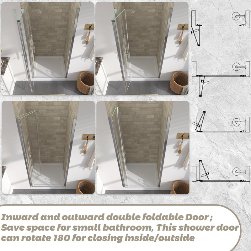 34" W x 72" H Frameless Bi-Fold Glass Shower Door with Tempered Glass and Reversible Installation in Chrome, Chrome, 34"