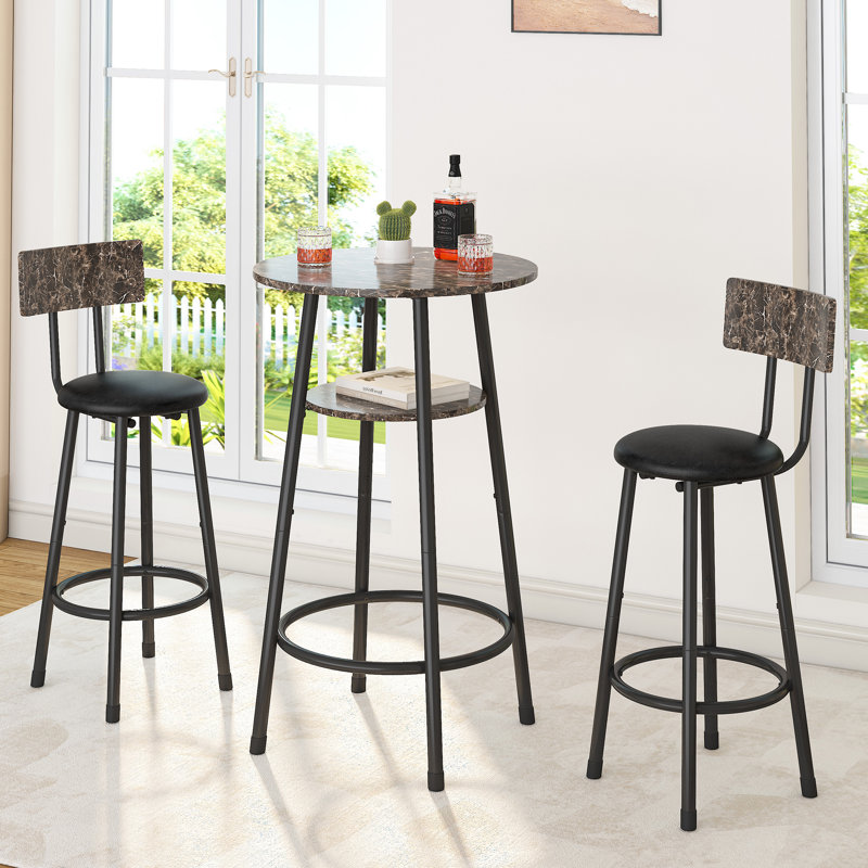 3-Piece Bar Table Set For 2, Small 2-Tier Round Bistro Pub Dining Table & PU Upholstered Stools With Backrest, Black, Black