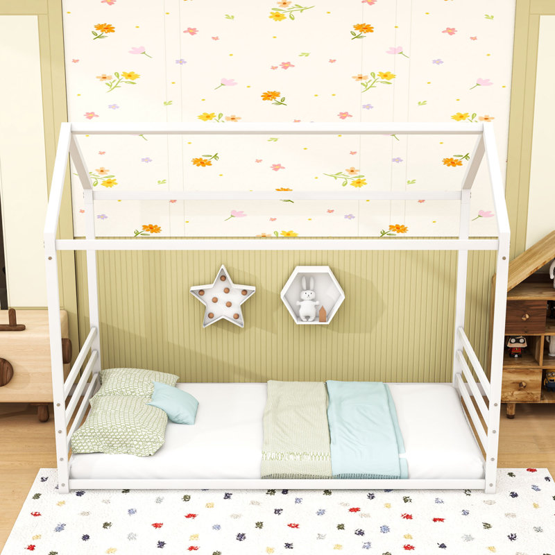 Metal Floor Bed Frame With Guardrails, Twin, White