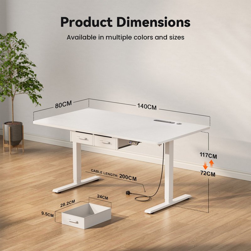 Adjustable Metal Base Standing Desk with Power Outlet, 140cm W x 80cm D, White/White