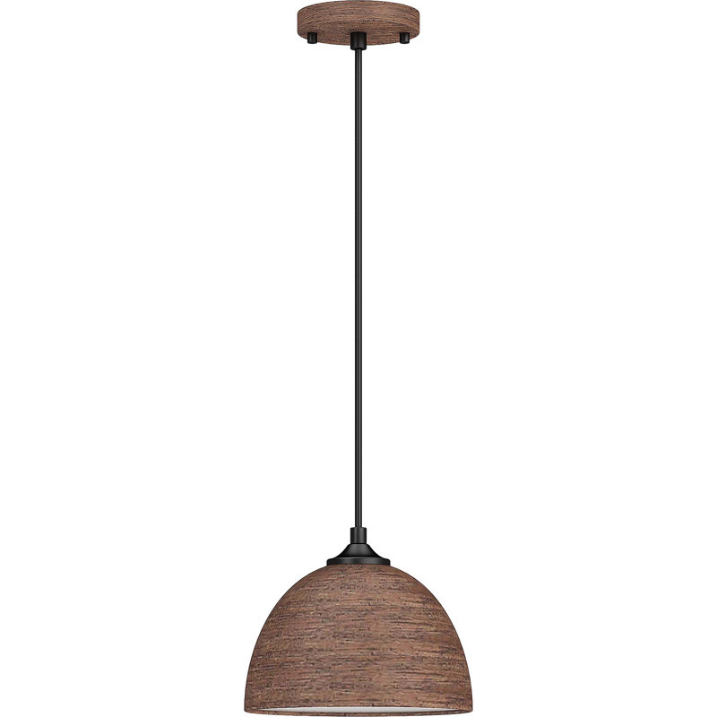 1-Light Black & Dark Wood Grain Dome Shaded Pendant Light with Steel Shade, Black, Dark Wood Grain