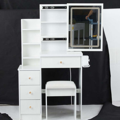 Petite coiffeuse 29,2 po avec tabouret de chevet gauche + tabouret rembourré, 2 blocs d'alimentation CA + 2 ports USB, support pour séchoir à cheveux, très grand miroir à DEL coulissant à contrôle tactile, changement de luminosité tricolore, réglage de la luminosité