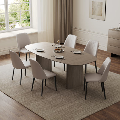 Contemporary 86" Oval Gray Dining Table Set With 6 Upholstered Off-White Side Chairs