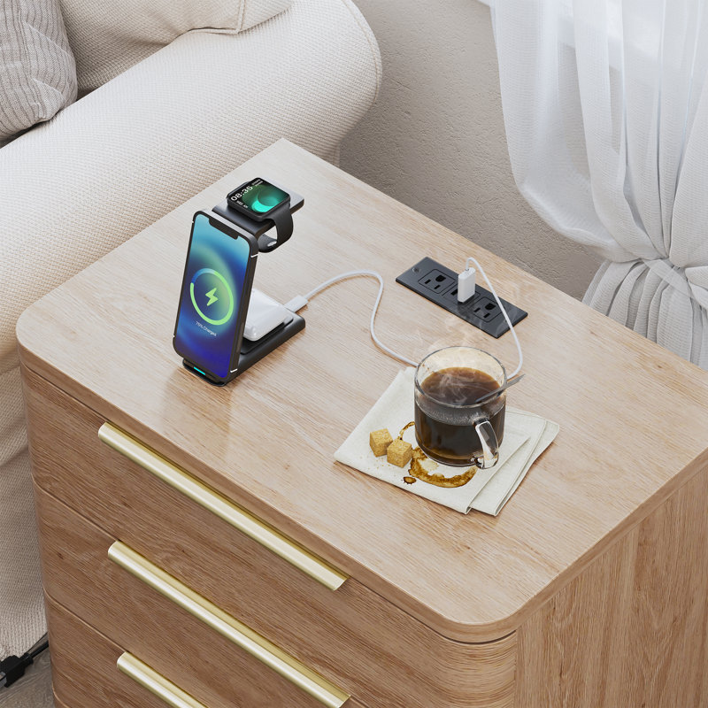 Modern Nightstand with Charging Station, 3 Drawer End Table with USB Ports & Power Outlets, Bedside Table with Gold Handles, Large Storage for Bedroom