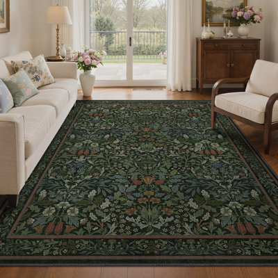 William Morris Botanical Machine Washable Rug, Dark Green Vintage Floral Non-Slip Area Rug, Arts and Crafts Moody Decorative Rug for Living Room Bedroom