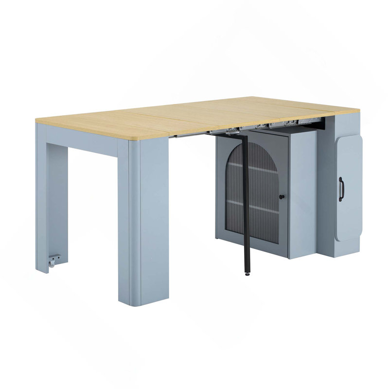 Table de salle à manger extensible avec 3 rallonges amovibles, table mobile pour îlot roulant avec prise de courant, armoire avec rangement pour la salle à manger et le salon