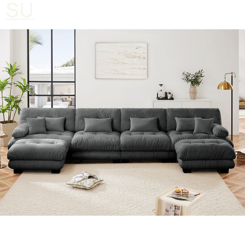 Free Combination Modular Sectional Sofa, U Shaped Couch For Living Room, 4-Seater Comfy Cloud Couch With 2 Ottomans, Gray