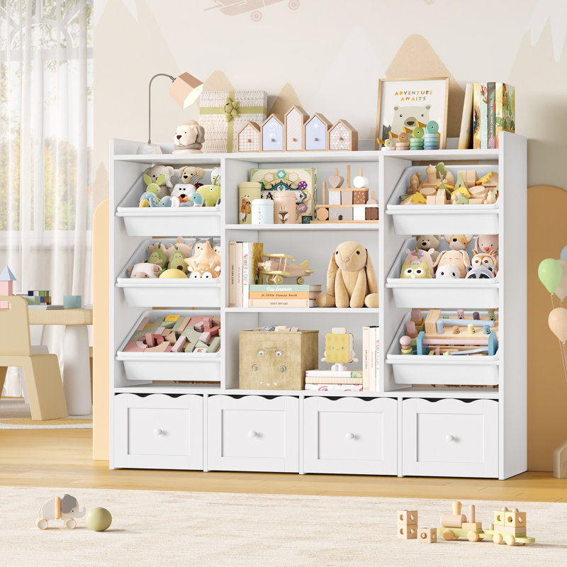 Organisateur multifonctionnel pour enfants: l 55 po x H 48 po: bibliothèque de jouets à 4 tiroirs et bibliothèque avec 6 bacs amovibles