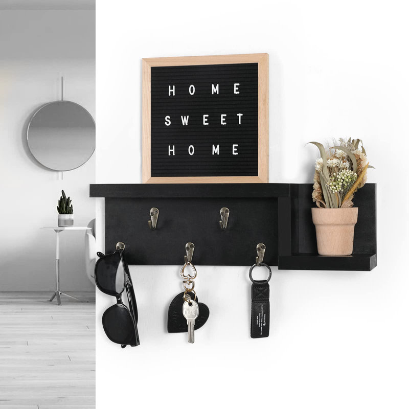 Decorative Key Holder For Wall With Shelf, Entryway Shelf With Hooks Holds, Black