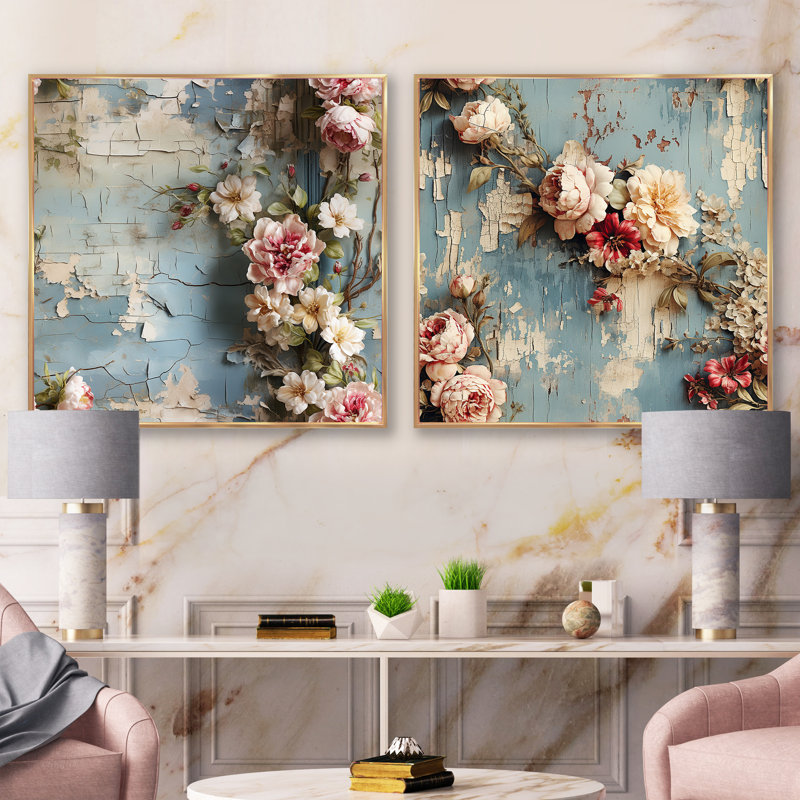 Ensemble de 2 pivoines roses et roses, Cadre flottant doré, H 36 po x l 73 po